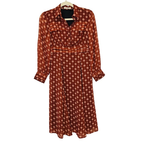 Wayward Fancies eShkti Pleat Waist Geo Georgette Dress Deep Brown Size XS (2) - Picture 2 of 13